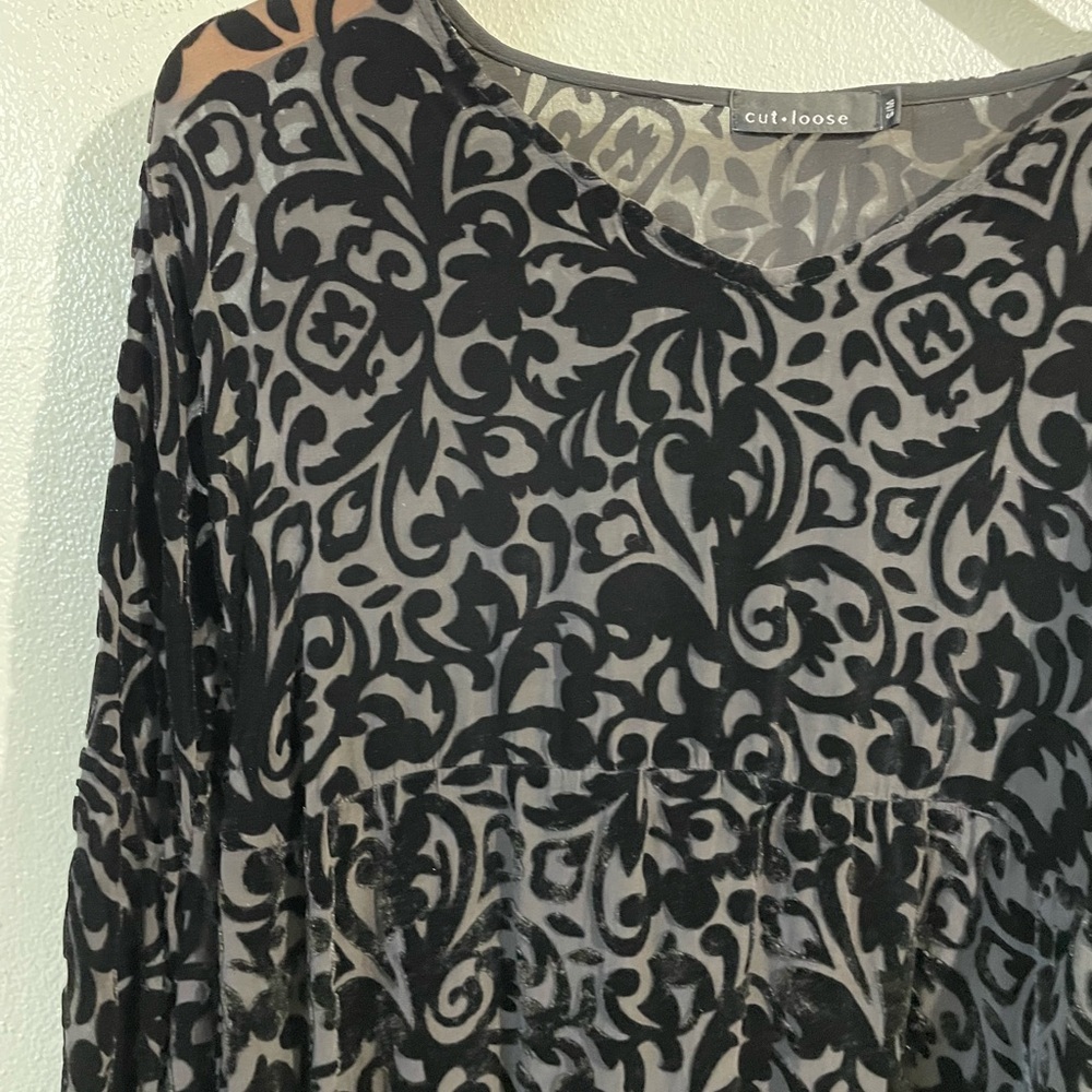 Velvet Burnout Sheer Blouse Black Handkerchief Hem Lagenlook S M Layer Cut Loose - Picture 2 of 5